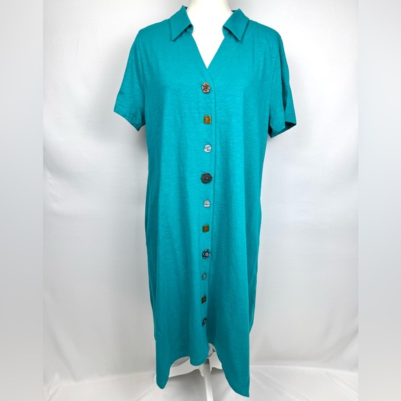 Soft Surroundings Danielle Button Dress Turquoise Shirtdress Pockets Size XL - Picture 3 of 12